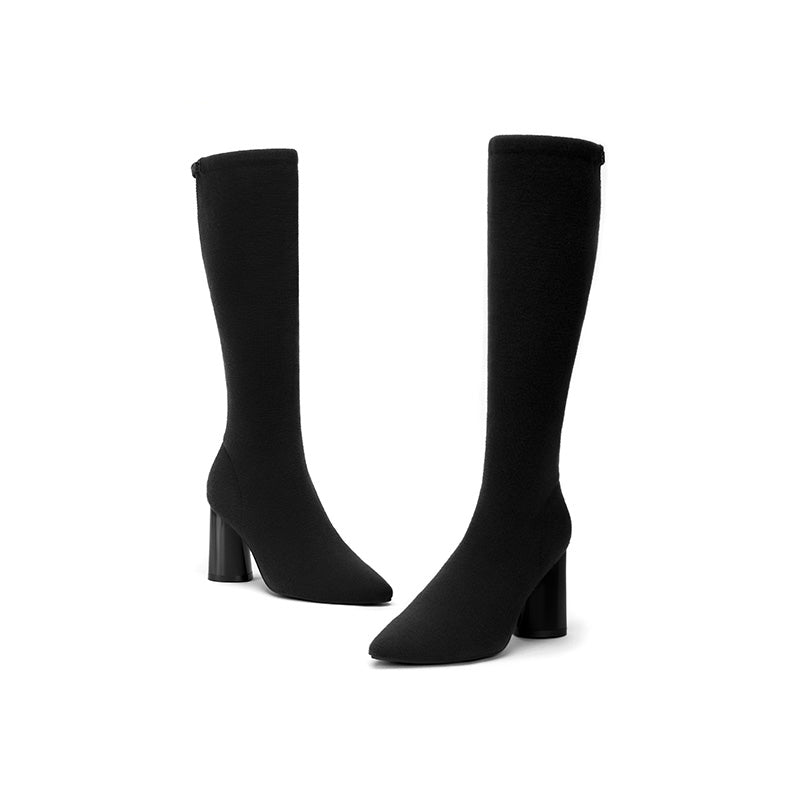 Slimming Pointed Toe Block Heel Stretch Knee High Boots-2