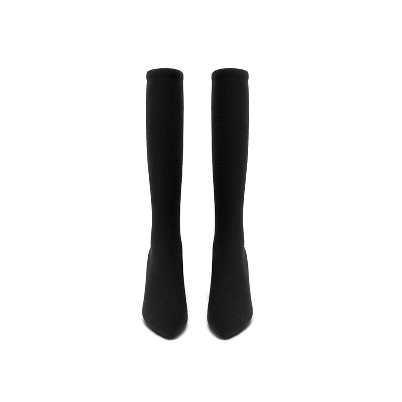 Slimming Pointed Toe Block Heel Stretch Knee High Boots-3