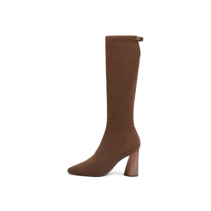 Slimming Pointed Toe Block Heel Stretch Knee High Boots-5