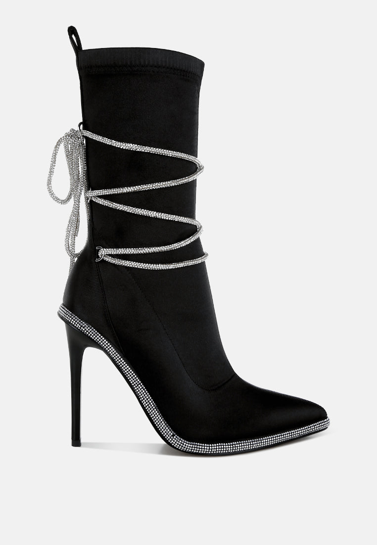 Dacia Rhinestones Strap Satin Calf Boots-5